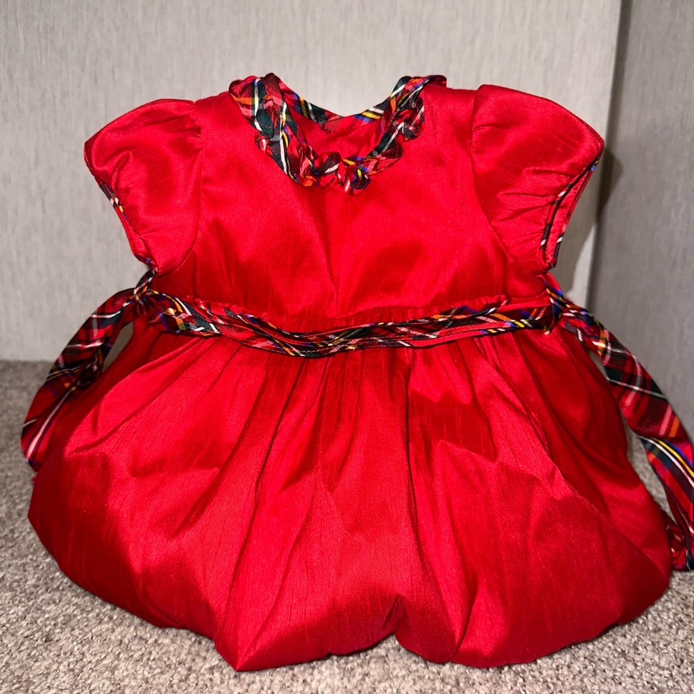 Plaid trimmed red smock dress